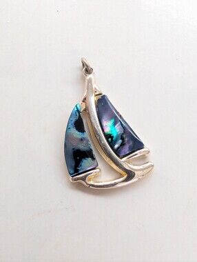 Vintage Retro Silver Tone Abalone Shell Inlay Sailboat Necklace Pendant